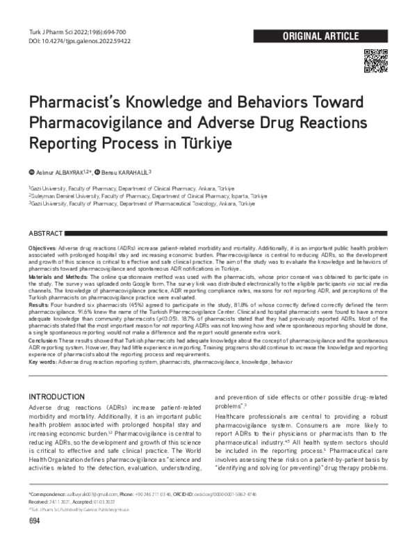 (PDF) Pharmacist’s Knowledge and Behaviors Toward Pharmacovigilance and ...