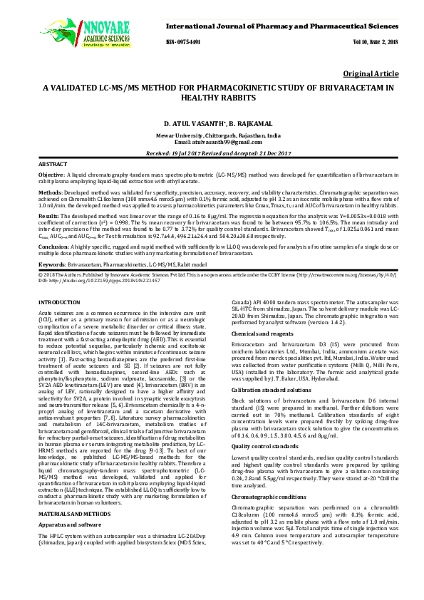 (PDF) A VALIDATED LC-MS/MS METHOD FOR PHARMACOKINETIC STUDY OF ...