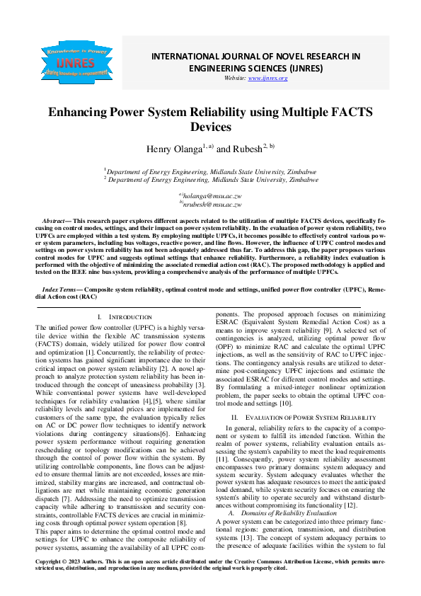 (PDF) Enhancing Power System Reliability using Multiple FACTS Devices