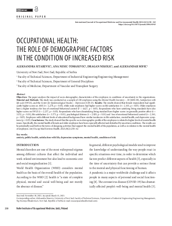 (PDF) Occupational health: the role of demographic factors in the ...