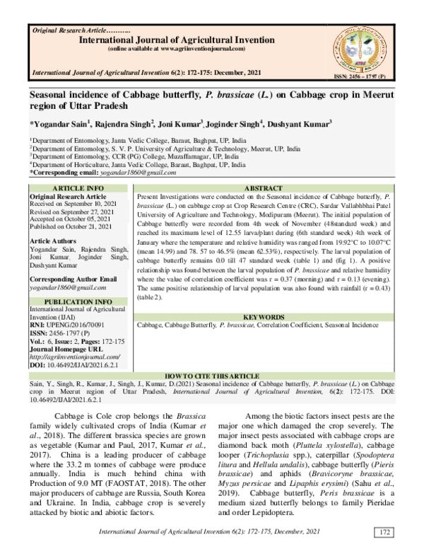 (PDF) Seasonal incidence of Cabbage butterfly, P. brassicae (L.) on ...