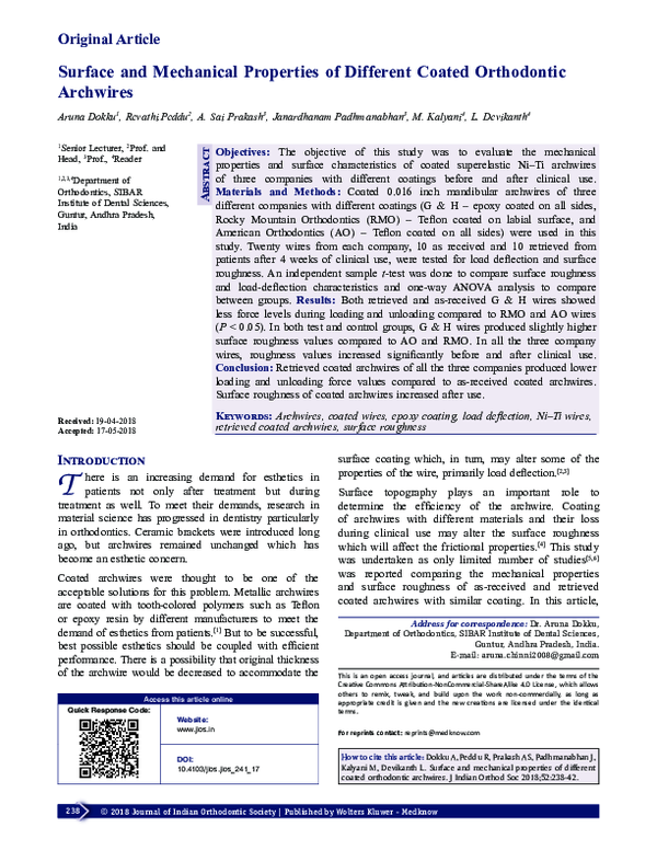 (PDF) Surface and Mechanical Properties of Different Coated Orthodontic ...