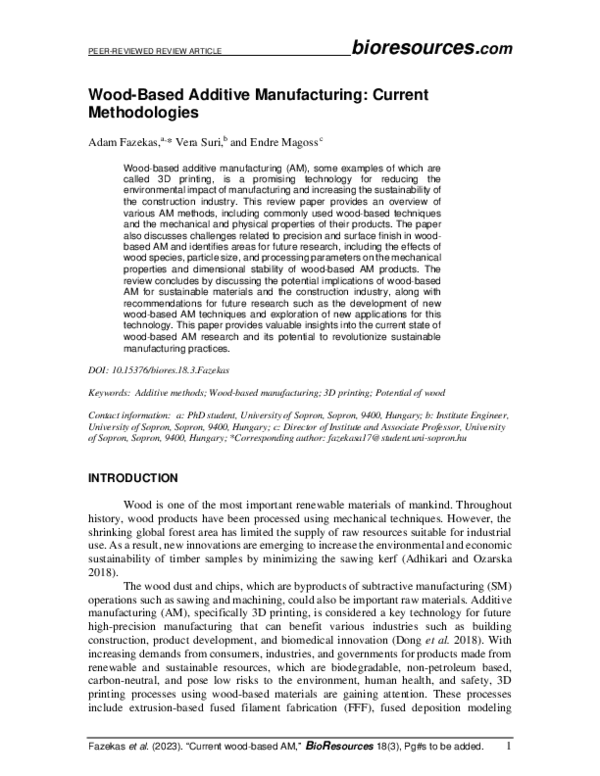 (PDF) Wood-based additive manufacturing: Current methodologies