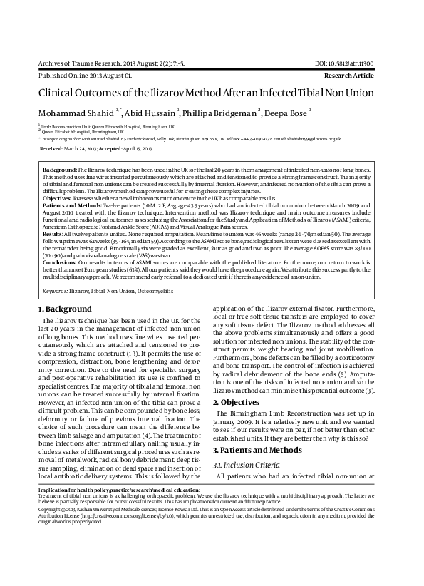 (PDF) Clinical Outcomes of the Ilizarov Method After an Infected Tibial ...