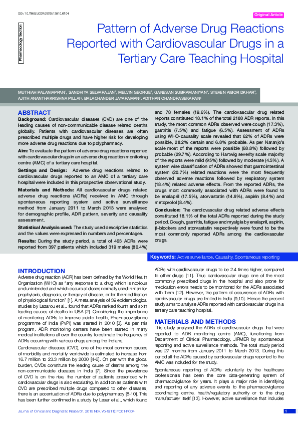 (PDF) Pattern of Adverse Drug Reactions Reported with Cardiovascular ...