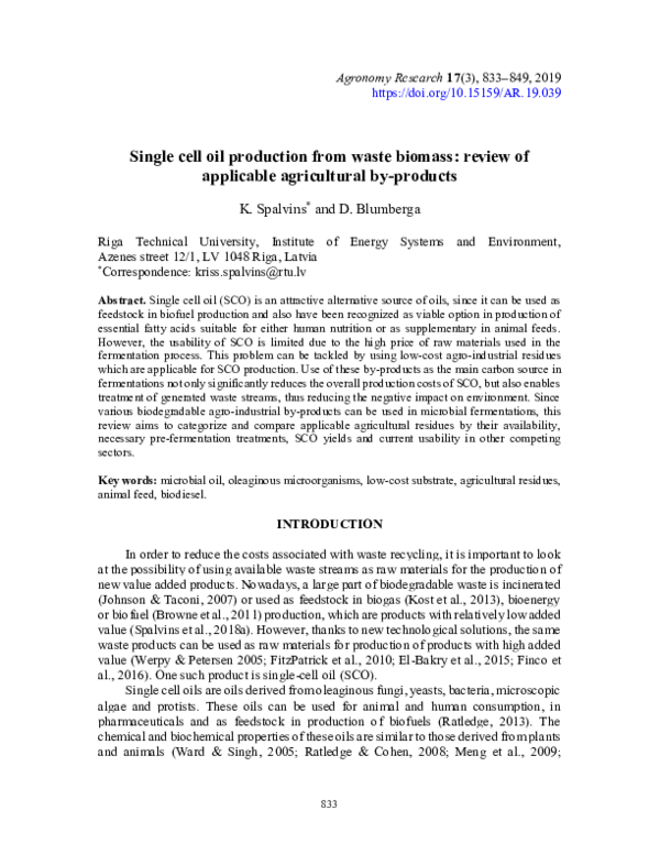 (PDF) Single cell oil production from waste biomass: review of ...