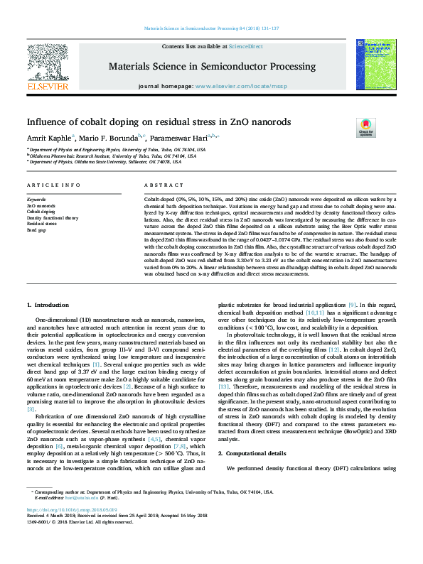 (PDF) Influence of cobalt doping on residual stress in ZnO nanorods