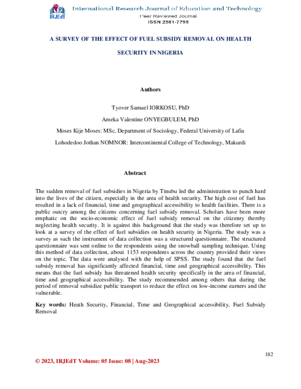 (PDF) A SURVEY OF THE EFFECT OF FUEL SUBSIDY REMOVAL ON HEALTH SECURITY ...