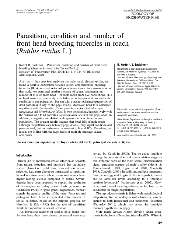 (PDF) Parasitism, condition and number of front head breeding tubercles ...