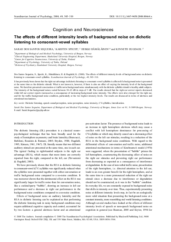 (PDF) The effects of different intensity levels of background noise on ...