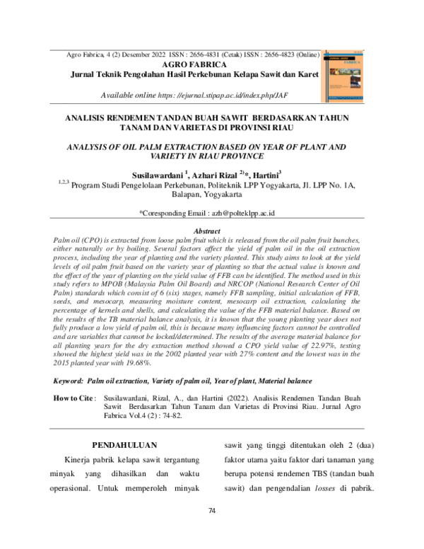 (PDF) Analisis Rendemen Tandan Buah Sawit Berdasarkan Tahun Tanam Dan ...