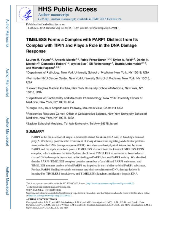 (PDF) TIMELESS Forms a Complex with PARP1 Distinct from Its Complex ...