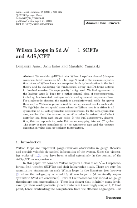(PDF) Wilson Loops in 5d $${\mathcal{N} = 1}$$ SCFTs and AdS/CFT