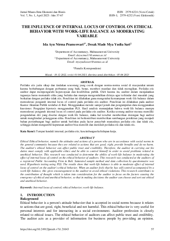 (PDF) The Influence of Internal Locus of Control on Ethical Behavior ...