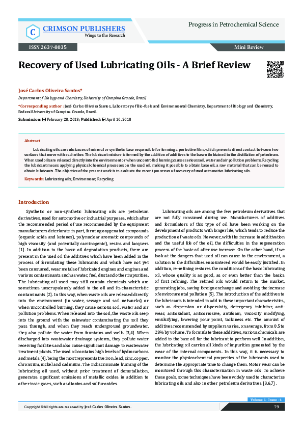 (PDF) Recovery of Used Lubricating Oils - A Brief Review