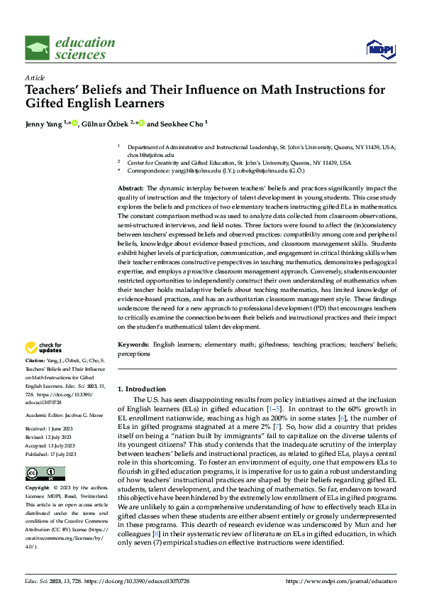 (PDF) Teachers’ Beliefs and Their Influence on Math Instructions for ...