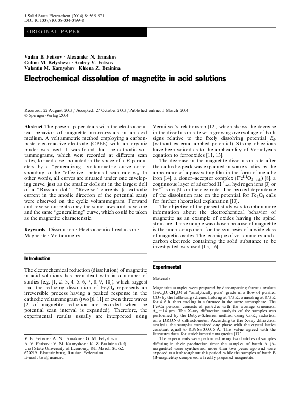 (PDF) Electrochemical dissolution of magnetite in acid solutions