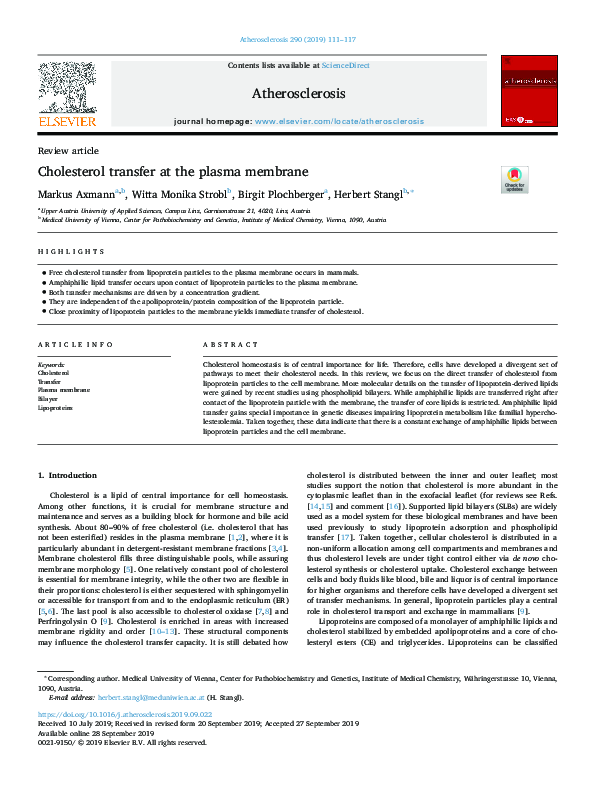 (PDF) Cholesterol transfer at the plasma membrane