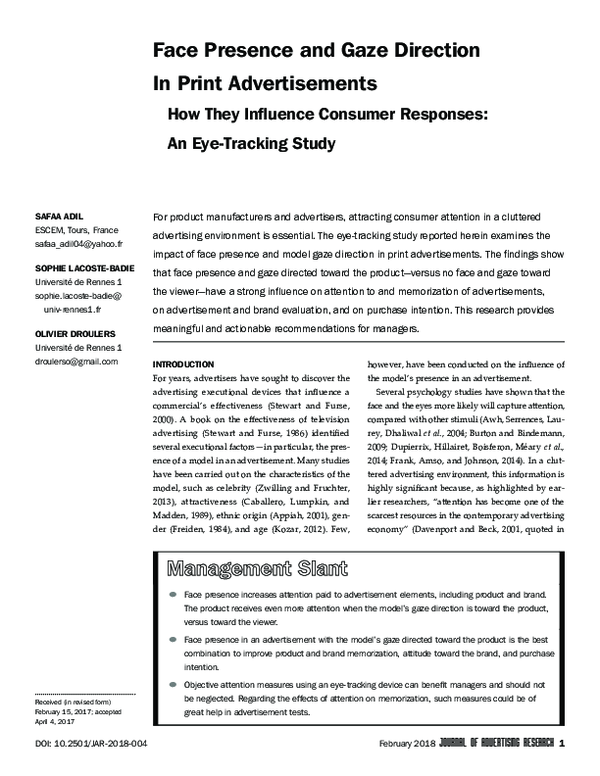 (PDF) Face Presence and Gaze Direction In Print Advertisements