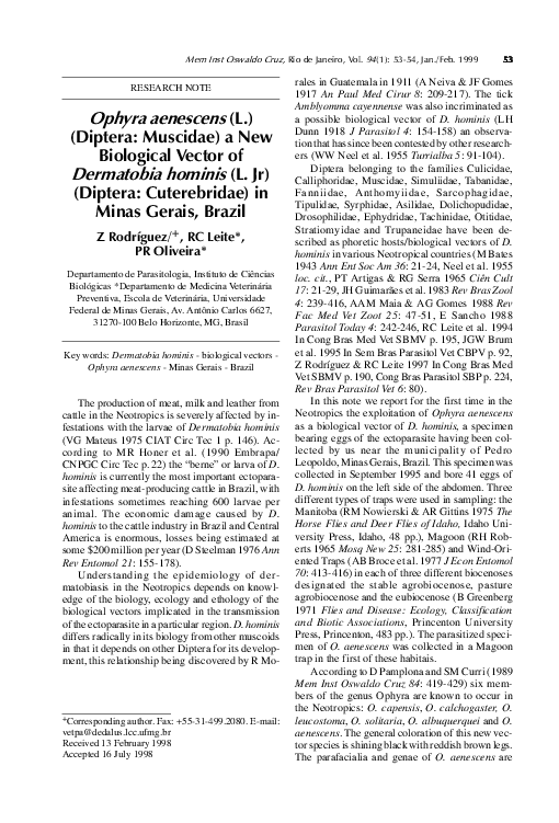 (PDF) Ophyra aenescens (L.) (Diptera Muscidae) a New Biological Vector