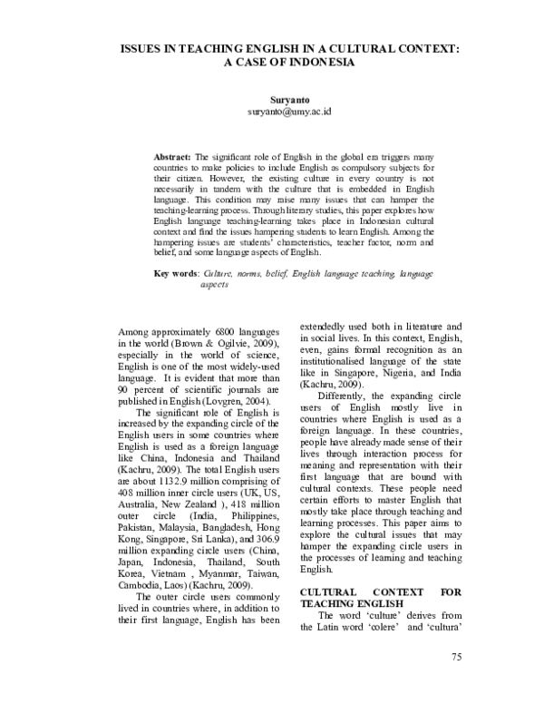 (PDF) Issues in Teaching English in a Cultural Context: A Case of Indonesia