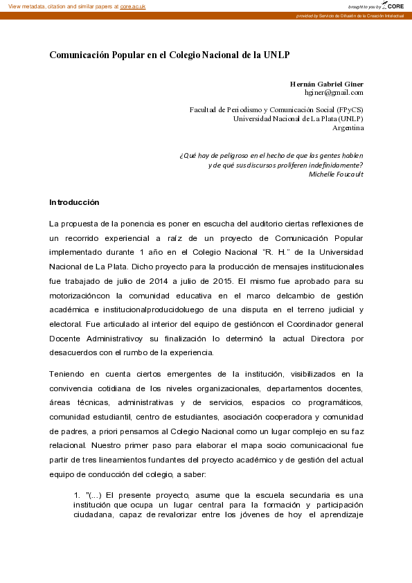 (PDF) Comunicación popular en el Colegio Nacional de la UNLP