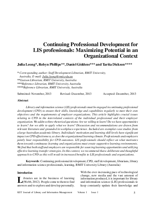 (PDF) Continuing professional development for LIS professionals ...