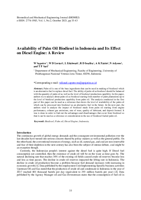(PDF) Availability of Palm Oil Biodiesel in Indonesia and Its Effect on ...