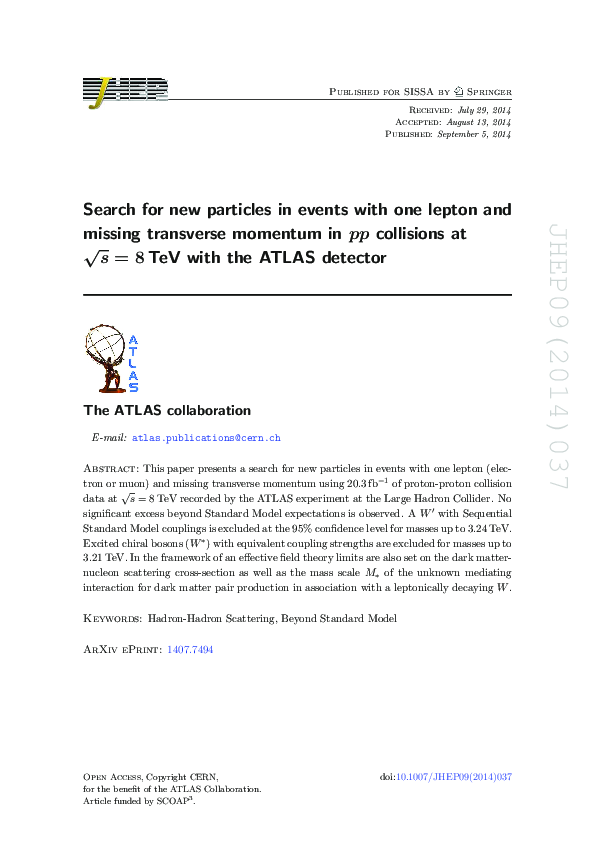 (PDF) Search for new particles in events with one lepton and missing ...