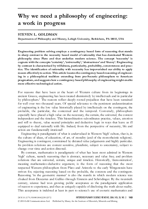 (PDF) Why we need a philosophy of engineering: a work in progress