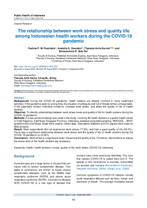 (PDF) The relationship between work stress and quality life among ...