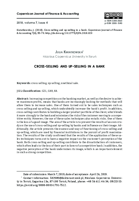 (PDF) Cross-Selling and Up-Selling in a Bank