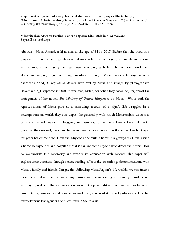 (DOC) Minoritarian Affects: Feeling Generosity as a Life Ethic in a ...