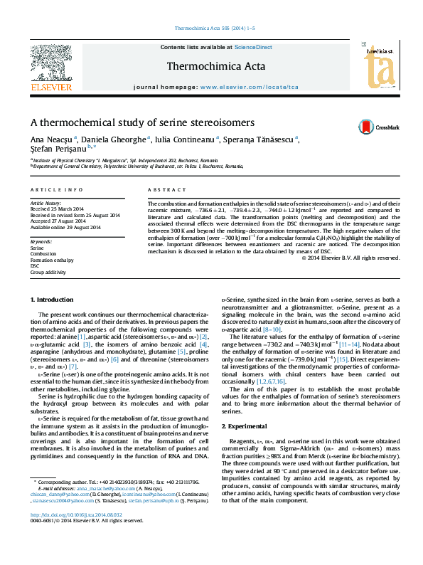 (PDF) A thermochemical study of serine stereoisomers