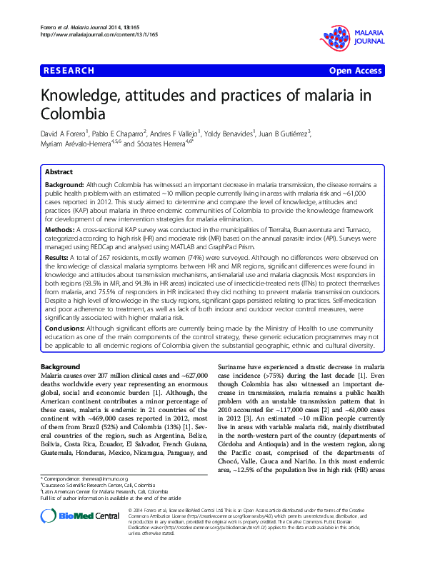 (PDF) Knowledge, attitudes and practices of malaria in Colombia