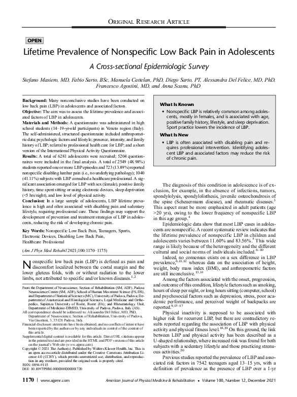 (PDF) Lifetime Prevalence of Nonspecific Low Back Pain in Adolescents