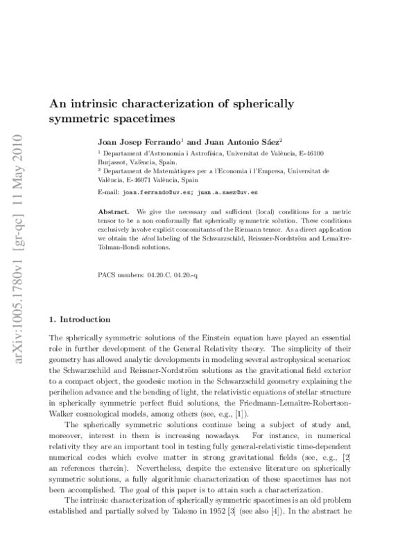 (PDF) An intrinsic characterization of spherically symmetric spacetimes