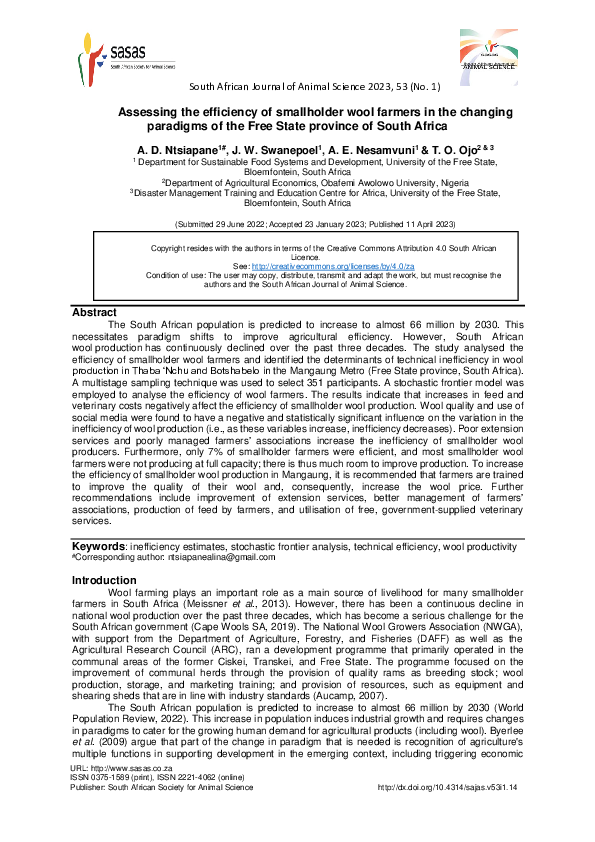 (PDF) Assessing the efficiency of smallholder wool farmers in the ...