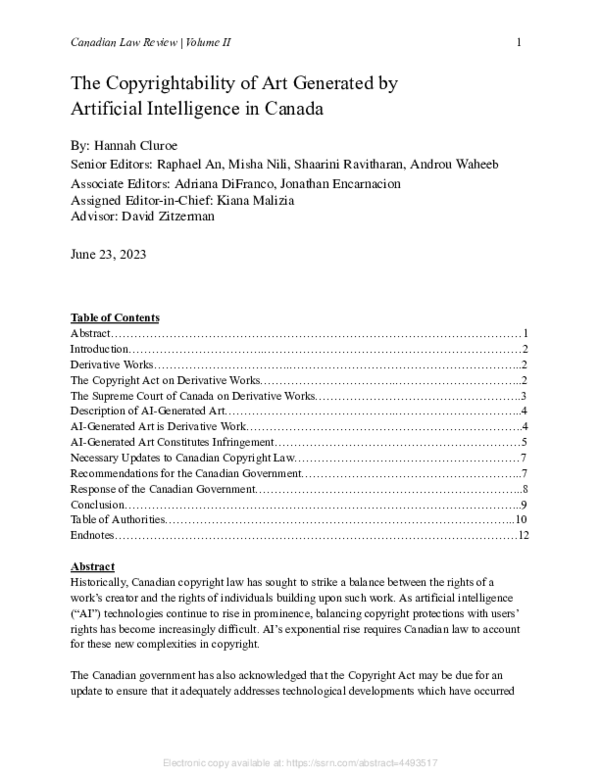 (PDF) The Copyrightability of Art Generated by Artificial Intelligence ...