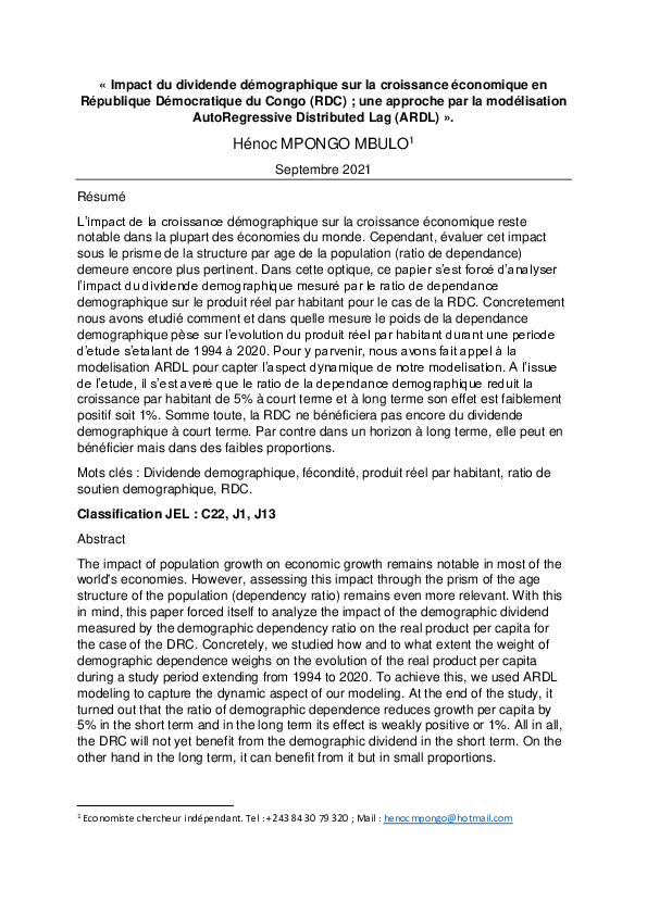 (PDF) Impact du dividende démographique sur la croissance économique en ...