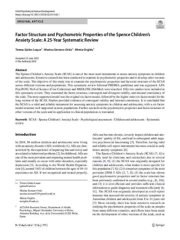 (PDF) Factor Structure and Psychometric Properties of the Spence ...