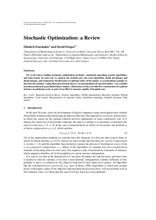 (PDF) Stochastic Optimization: a Review