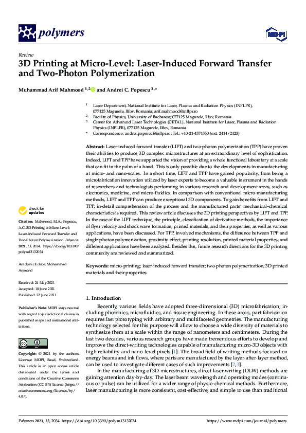 (PDF) 3D Printing at Micro-Level: Laser-Induced Forward Transfer and ...