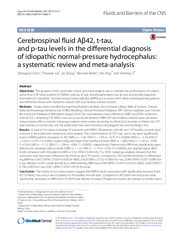 (PDF) Cerebrospinal fluid Aβ42, t-tau, and p-tau levels in the ...