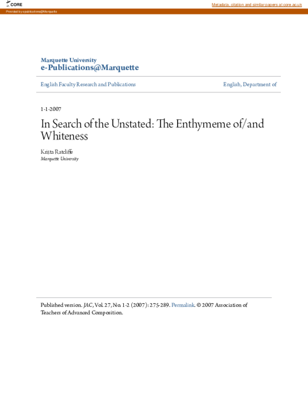 (PDF) In Search of the Unstated: The Enthymeme of/and Whiteness