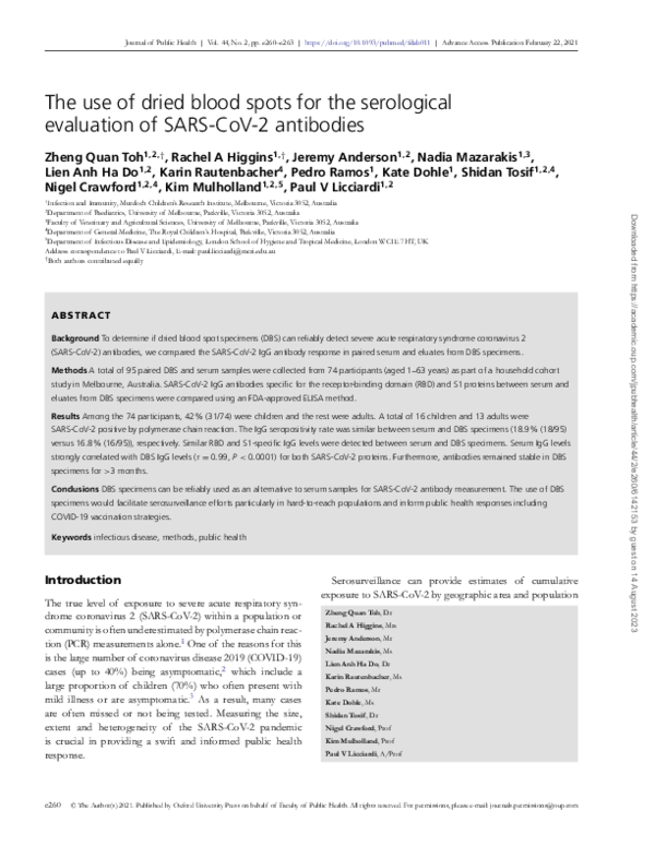 (PDF) The use of dried blood spots for the serological evaluation of ...