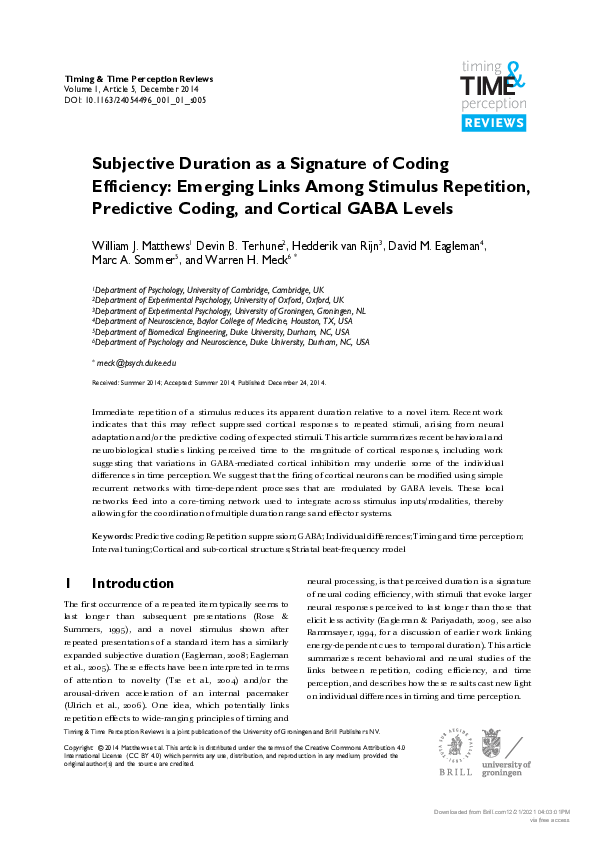 (PDF) Subjective Duration as a Signature of Coding Efficiency: Emerging ...