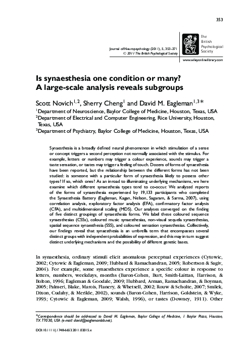 (PDF) Is synaesthesia one condition or many? A large-scale analysis ...