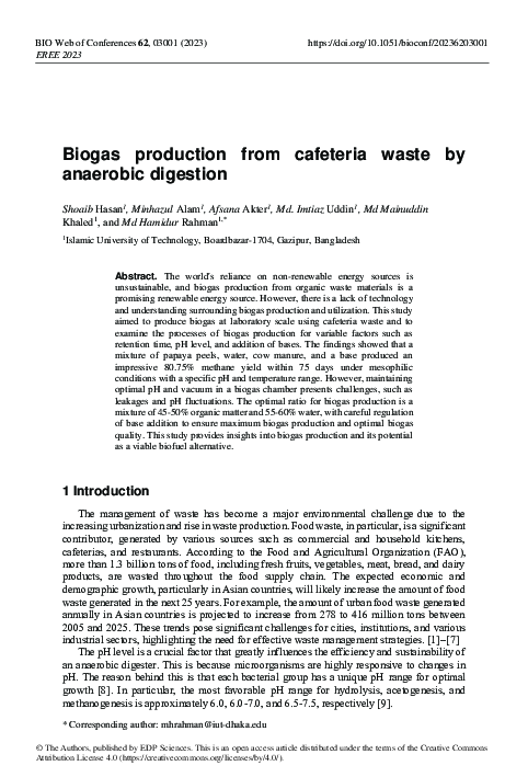 Pdf Biogas Production From Cafeteria Waste By Anaerobic Digestion