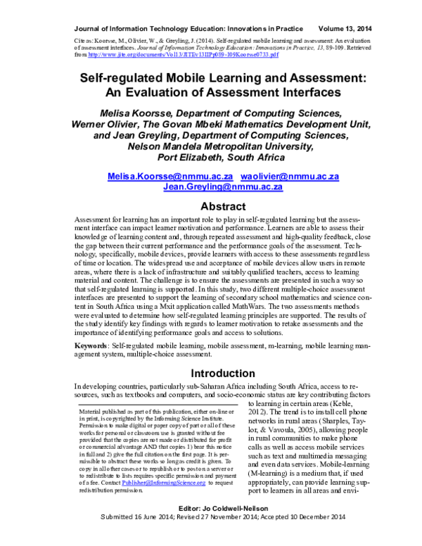 (PDF) Self-regulated Mobile Learning and Assessment: An Evaluation of ...
